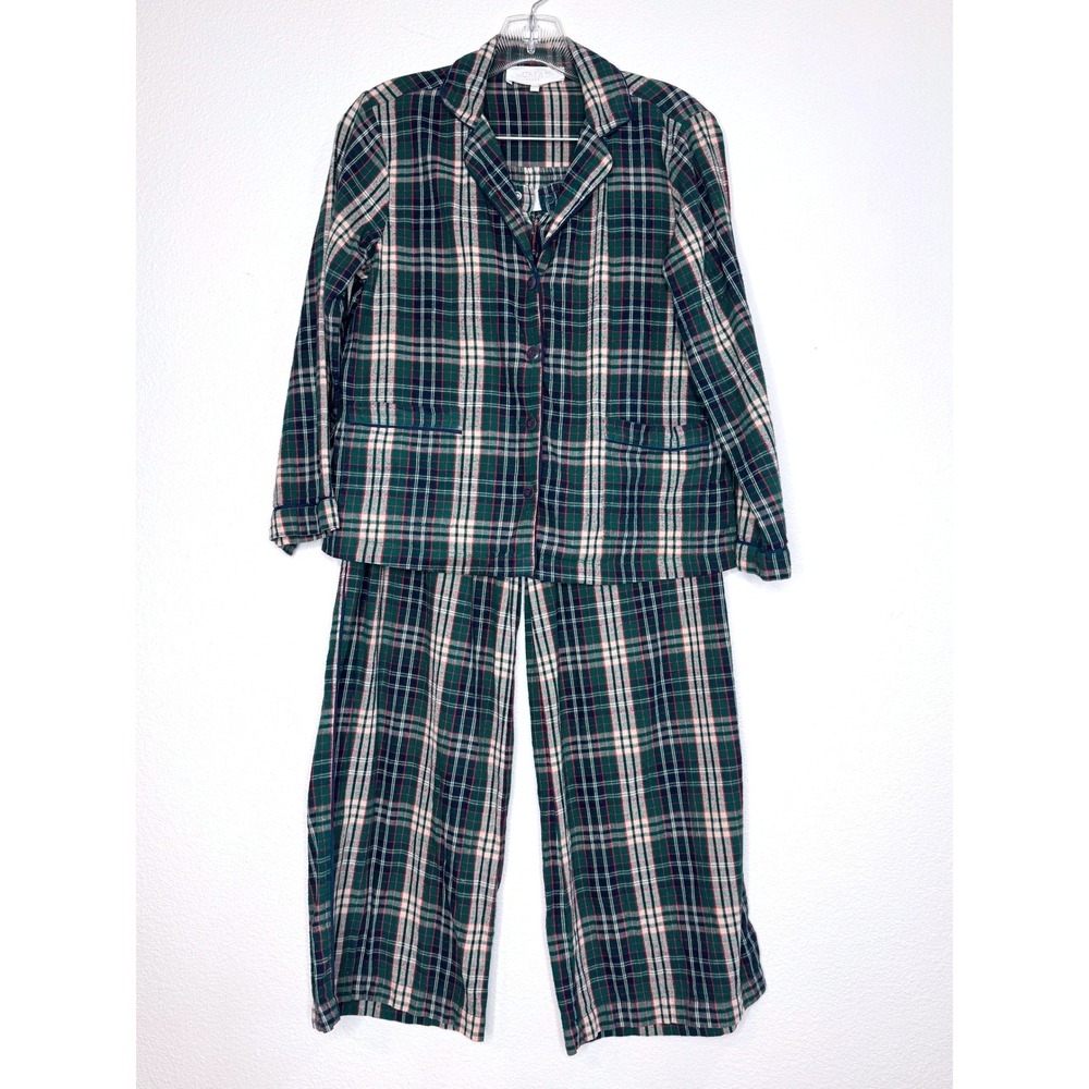 THE GREAT. Flannel Pajamas PJs XS Pants & LS Top Plaid Navy Green Loungewear
